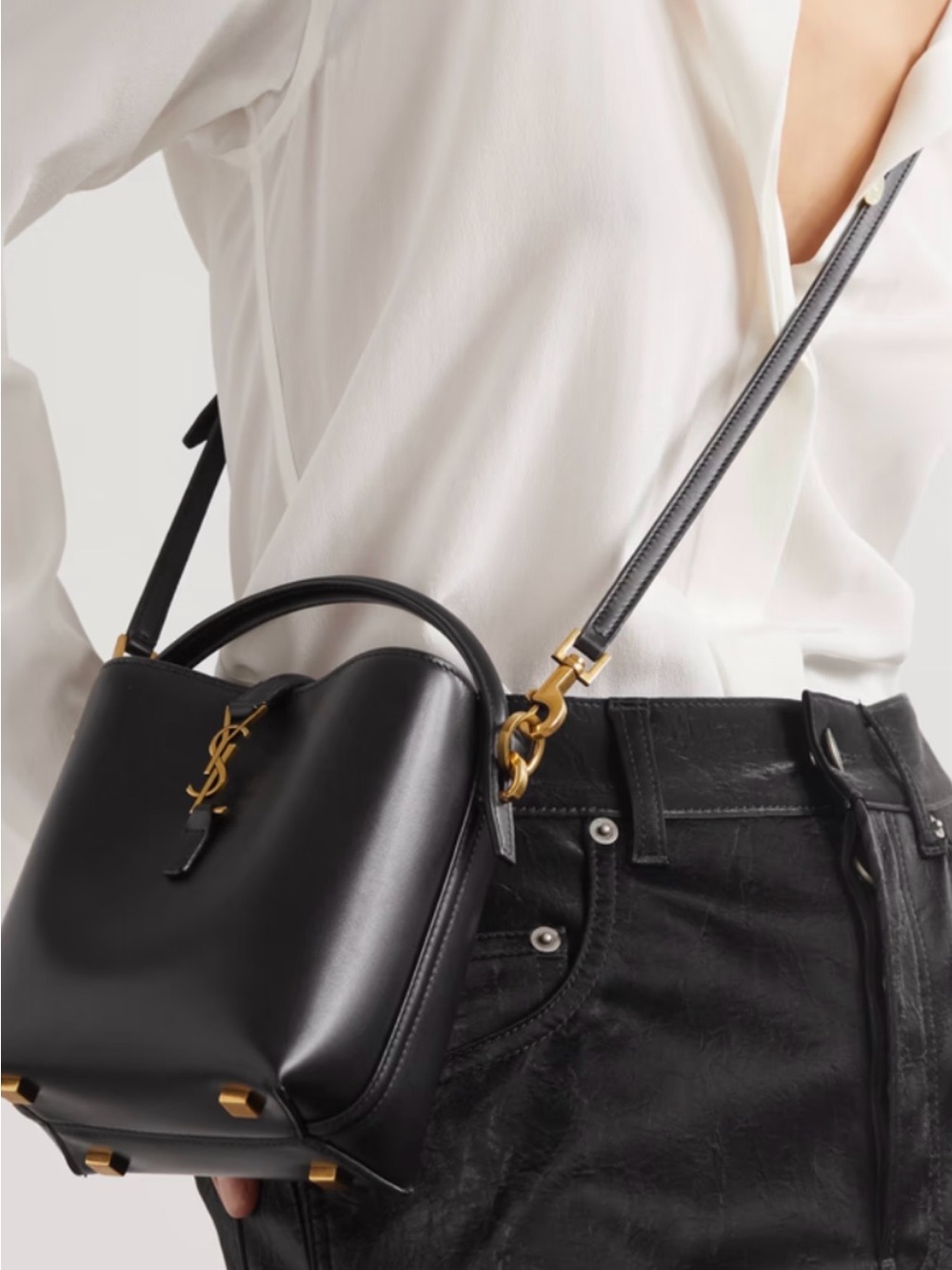 Saint Laurent Black Mini Bucket Bag with Gold YSL Emblem